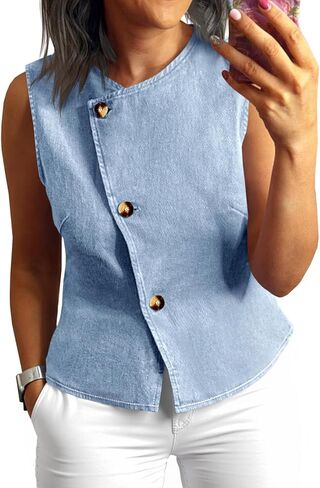 Tankaneo Women Denim Vest Tops Button Down Sleeveless Fitted Jean Tank Tops Trendy Casual Waistcoats in Saudi Arabia