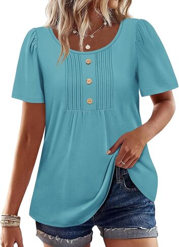 Womens Tops Dressy Casual Blouses Short Sleeve Shirts Plus Size Fashion Clothing Spring Summer Outfits Button Pleated Front in Kuwait
