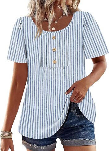 Womens Tops Dressy Casual Blouses Short Sleeve Shirts Plus Size Fashion Clothing Spring Summer Outfits Button Pleated Front in Kuwait