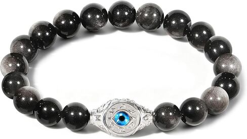 Men's Evil Eye Bracelet, 10mm Beaded Bracelet with Natural Gemstones, Adjustable Elastic Design, Gift for Anniversary, Christmas and Thanksgiving, Silver Obsidian/Tiger Eye/Hematite/Snowflake Obsidian/Black Agate in Saudi Arabia