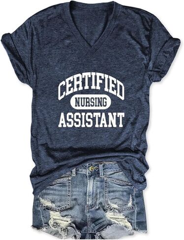 Certified Nursing Assistant Shirts, V Neck T Shirts for Women Short Sleeve Tops Funny Casual Loose Fit Graphic Tees in Kuwait