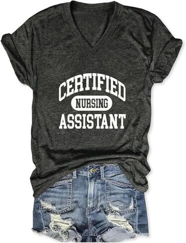 Certified Nursing Assistant Shirts, V Neck T Shirts for Women Short Sleeve Tops Funny Casual Loose Fit Graphic Tees in Kuwait