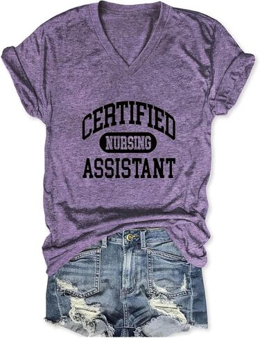 Certified Nursing Assistant Shirts, V Neck T Shirts for Women Short Sleeve Tops Funny Casual Loose Fit Graphic Tees in Kuwait