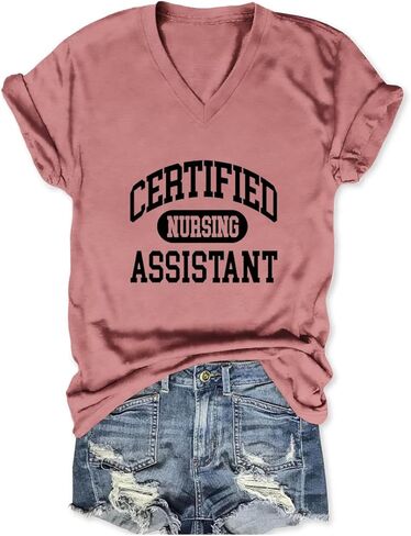 Certified Nursing Assistant Shirts, V Neck T Shirts for Women Short Sleeve Tops Funny Casual Loose Fit Graphic Tees in Kuwait