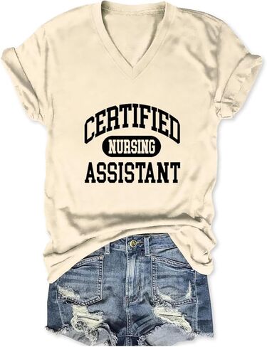 Certified Nursing Assistant Shirts, V Neck T Shirts for Women Short Sleeve Tops Funny Casual Loose Fit Graphic Tees in Kuwait