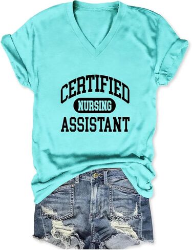 Certified Nursing Assistant Shirts, V Neck T Shirts for Women Short Sleeve Tops Funny Casual Loose Fit Graphic Tees in Kuwait
