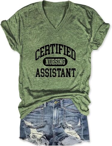 Certified Nursing Assistant Shirts, V Neck T Shirts for Women Short Sleeve Tops Funny Casual Loose Fit Graphic Tees in Kuwait