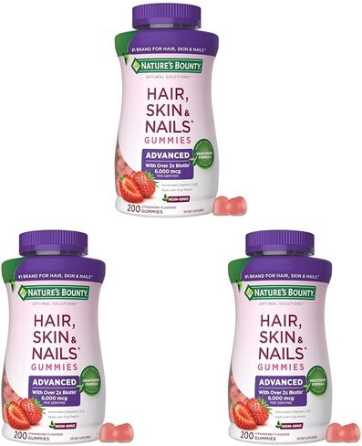 Nature's Bounty Optimal Solutions Advanced Hair, Skin and Nails Pectin Gummies, 2X Biotin Per Serving, Made with Fruit Pectin, No Stick Gummy, Vegetarian Formula, Non-GMO, Strawberry Flavor, 200 ct in Kuwait