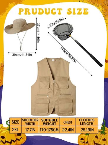 3 Pcs Work Fishing Vest with Hat Insect and Butterfly Net Men's Safari Costume Hunting Waistcoat Fsherman Costume in Saudi Arabia