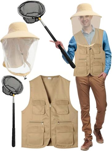 3 Pcs Work Fishing Vest with Hat Insect and Butterfly Net Men's Safari Costume Hunting Waistcoat Fsherman Costume in Saudi Arabia