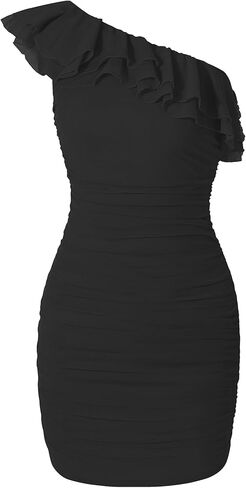 EXARUS Girls Bodycon Dress Ruffle Trim Off/One Shoulder Ruched Sleeveless Tight Mini Flounce Dresses Formal Holiday in Saudi Arabia
