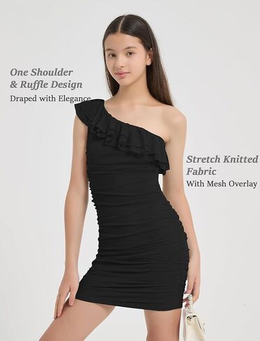 EXARUS Girls Bodycon Dress Ruffle Trim Off/One Shoulder Ruched Sleeveless Tight Mini Flounce Dresses Formal Holiday in Saudi Arabia