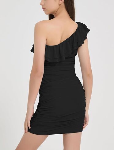 EXARUS Girls Bodycon Dress Ruffle Trim Off/One Shoulder Ruched Sleeveless Tight Mini Flounce Dresses Formal Holiday in Saudi Arabia