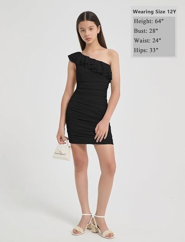 EXARUS Girls Bodycon Dress Ruffle Trim Off/One Shoulder Ruched Sleeveless Tight Mini Flounce Dresses Formal Holiday in Saudi Arabia