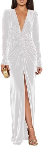 فستان CuteMe المخملي برقبة على شكل V لوصيفات العروس ذو فتحة عالية وأكمام طويلة فساتين الحفلات الرسمية CC004 in Kuwait