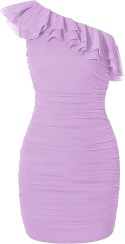 EXARUS Girls Bodycon Dress Ruffle Trim Off/One Shoulder Ruched Sleeveless Tight Mini Flounce Dresses Formal Holiday in Saudi Arabia