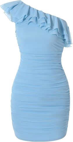 EXARUS Girls Bodycon Dress Ruffle Trim Off/One Shoulder Ruched Sleeveless Tight Mini Flounce Dresses Formal Holiday in Saudi Arabia