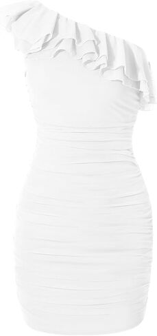 EXARUS Girls Bodycon Dress Ruffle Trim Off/One Shoulder Ruched Sleeveless Tight Mini Flounce Dresses Formal Holiday in Saudi Arabia