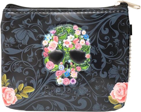1PCS Vintage Skull Coin Purse Elegant Rose Skull Small Wallet Mini Black Skull Cosmetic Bag with Zipper for Women in Saudi Arabia