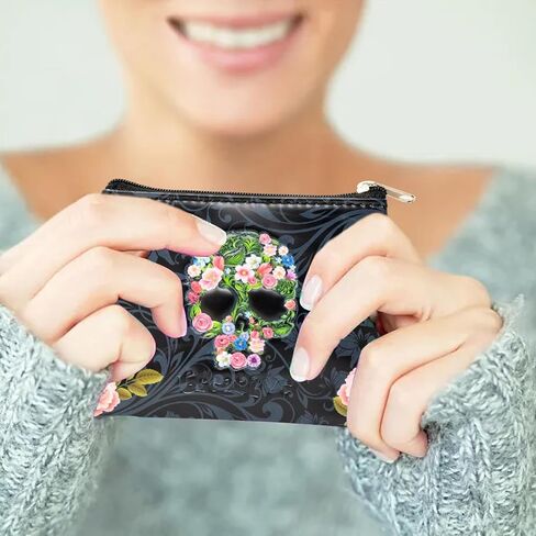 1PCS Vintage Skull Coin Purse Elegant Rose Skull Small Wallet Mini Black Skull Cosmetic Bag with Zipper for Women in Saudi Arabia