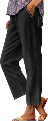 Womens Cotton Linen Pants High Waisted Wide Leg Lounge Pant Casual Summer Resort Wear Cropped Trousers Capris in Saudi Arabia