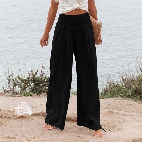 Womens Wide Leg Pants High Waisted Linen Palazzo Pants Summer Boho Casual Lounge Pant Beach Travel Vacation Outfits in Saudi Arabia
