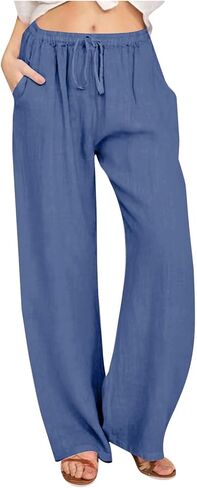 Womens Linen Palazzo Pants Elastic Waist Wide Leg Pants Summer Loose Casual Beach Flowy Trousers with Pockets in Saudi Arabia