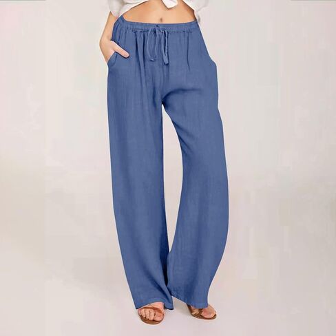 Womens Linen Palazzo Pants Elastic Waist Wide Leg Pants Summer Loose Casual Beach Flowy Trousers with Pockets in Saudi Arabia