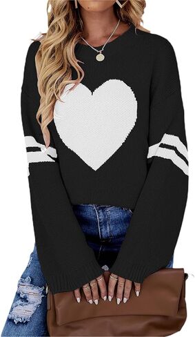 Mxiqqpltky Heart Print Sweater for Women Long Sleeve Crewneck Valentine Knitted Pullover Love Sweater Y2K Tops in Saudi Arabia