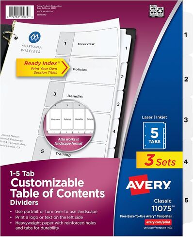 5 فواصل علامات تبويب من Avery لـ 3 مجلدات حلقية، جدول محتويات قابل للتخصيص، علامات تبويب بيضاء كلاسيكية، 6 مجموعات (11821) in Kuwait