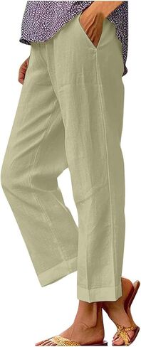 Womens Cotton Linen Pants High Waisted Wide Leg Lounge Pant Casual Summer Resort Wear Cropped Trousers Capris in Saudi Arabia