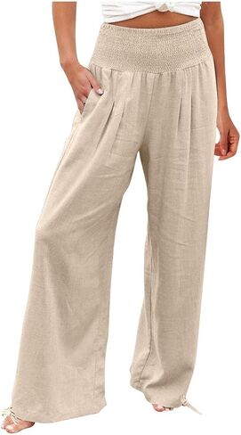 Womens Wide Leg Pants High Waisted Linen Palazzo Pants Summer Boho Casual Lounge Pant Beach Travel Vacation Outfits in Saudi Arabia