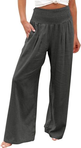 Womens Wide Leg Pants High Waisted Linen Palazzo Pants Summer Boho Casual Lounge Pant Beach Travel Vacation Outfits in Saudi Arabia