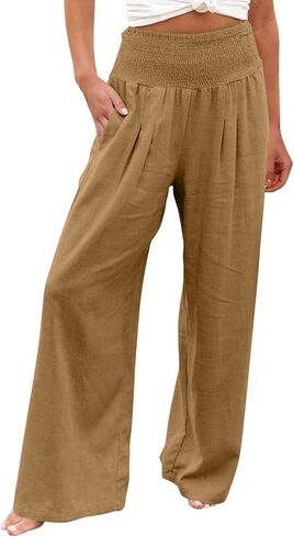Womens Wide Leg Pants High Waisted Linen Palazzo Pants Summer Boho Casual Lounge Pant Beach Travel Vacation Outfits in Saudi Arabia