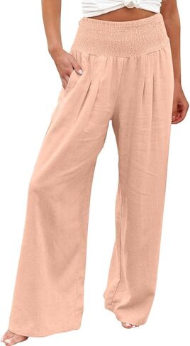 Womens Wide Leg Pants High Waisted Linen Palazzo Pants Summer Boho Casual Lounge Pant Beach Travel Vacation Outfits in Saudi Arabia