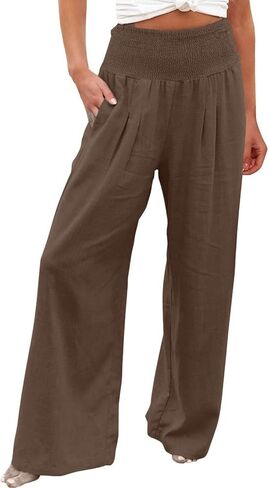 Womens Wide Leg Pants High Waisted Linen Palazzo Pants Summer Boho Casual Lounge Pant Beach Travel Vacation Outfits in Saudi Arabia