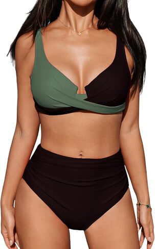 CUPSHE Women's Bikini Sets High Waisted Swimsuit Underwire Adjustable Straps Twisted Hook Full Coverage Bottom in Kuwait