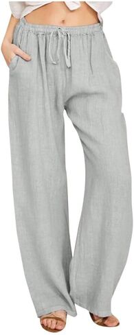 Womens Linen Palazzo Pants Elastic Waist Wide Leg Pants Summer Loose Casual Beach Flowy Trousers with Pockets in Saudi Arabia