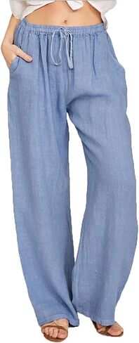 Womens Linen Palazzo Pants Elastic Waist Wide Leg Pants Summer Loose Casual Beach Flowy Trousers with Pockets in Saudi Arabia