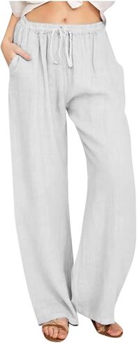 Womens Linen Palazzo Pants Elastic Waist Wide Leg Pants Summer Loose Casual Beach Flowy Trousers with Pockets in Saudi Arabia