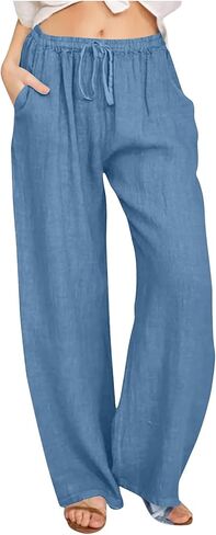 Womens Linen Palazzo Pants Elastic Waist Wide Leg Pants Summer Loose Casual Beach Flowy Trousers with Pockets in Saudi Arabia