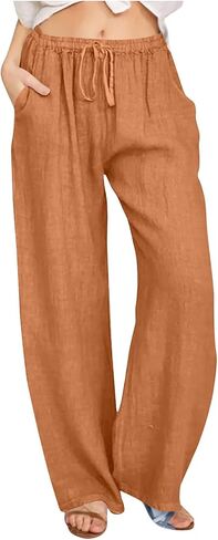 Womens Linen Palazzo Pants Elastic Waist Wide Leg Pants Summer Loose Casual Beach Flowy Trousers with Pockets in Saudi Arabia