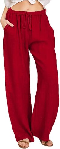 Womens Linen Palazzo Pants Elastic Waist Wide Leg Pants Summer Loose Casual Beach Flowy Trousers with Pockets in Saudi Arabia