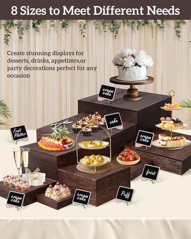 8 Size Nested Buffet Risers with Mini Signs, 8PCS Rustic Wooden Cake & Dessert Display Set, Vintage Wood Crates for Party, Wedding, Baby Shower Table Decor in Kuwait