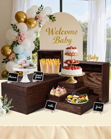 8 Size Nested Buffet Risers with Mini Signs, 8PCS Rustic Wooden Cake & Dessert Display Set, Vintage Wood Crates for Party, Wedding, Baby Shower Table Decor in Kuwait