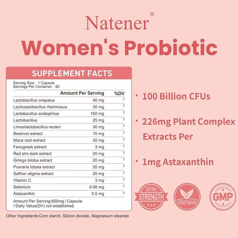 Natener 60 كبسولة بروبيوتيك ورطوبة مهبلية أنثوية - 100 مليار وحدة تشكيل مستعمرات بروبيوتيك للسيدات + الدردار الزلق + دعم جذور الماكا لتوازن درجة الحموضة وجفاف المهبل والمناعة والمزاج in Kuwait