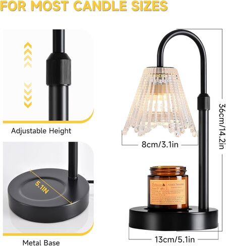 Candle Warmer Lamp, Black Metal, Crystal Glass Shade, Electric Candle Melter with Adjustable Gooseneck, Smoke-Free Safe Design for Home in Saudi Arabia