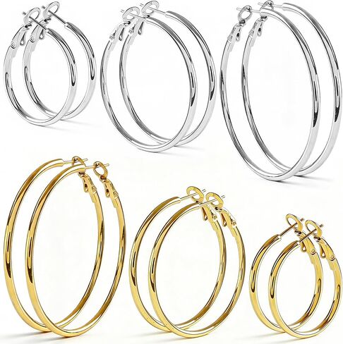 6 Pairs Silver Gold Hoop Earrings for Women - 14K Gold Plated 316 Stainless Steel, Hypoallergenic Lightweight 30/40/50 mm Hoops Set in Saudi Arabia