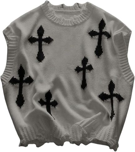 Men's Cross Print Sweater Vests Y2k Ripped Crew Neck Sleeveless Knit Tops in Saudi Arabia