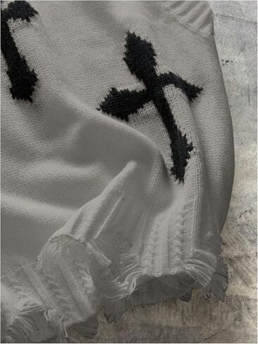 Men's Cross Print Sweater Vests Y2k Ripped Crew Neck Sleeveless Knit Tops in Saudi Arabia